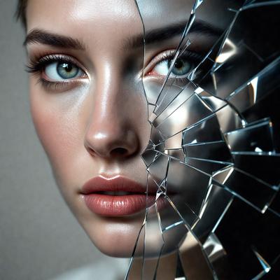 The primary subject of the image is a woman with a shaved head, who is looking at the camera. She is wearing lipstick and appears to be posing for the picture. The setting is a room with a mirror, which reflects her image. The visual style is a close-up of the woman's face, and the colors are predominantly neutral tones. The overall atmosphere is intimate and focused on the woman's expression and appearance.